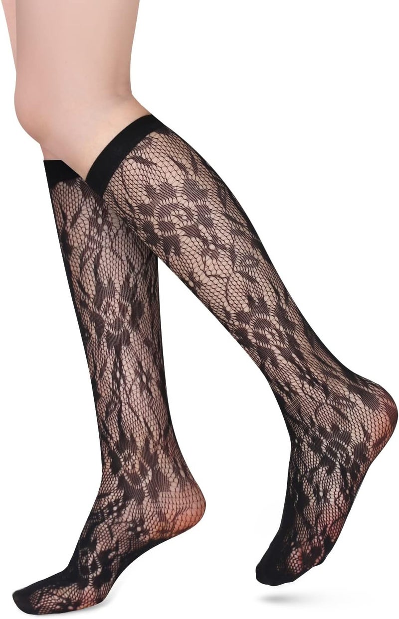 Benefeet Sox Womens Fishnet Knee High Socks White Black Lace Mesh Sexy Stockings Hollow Out Sheer Tube Calf Sock - Image 1
